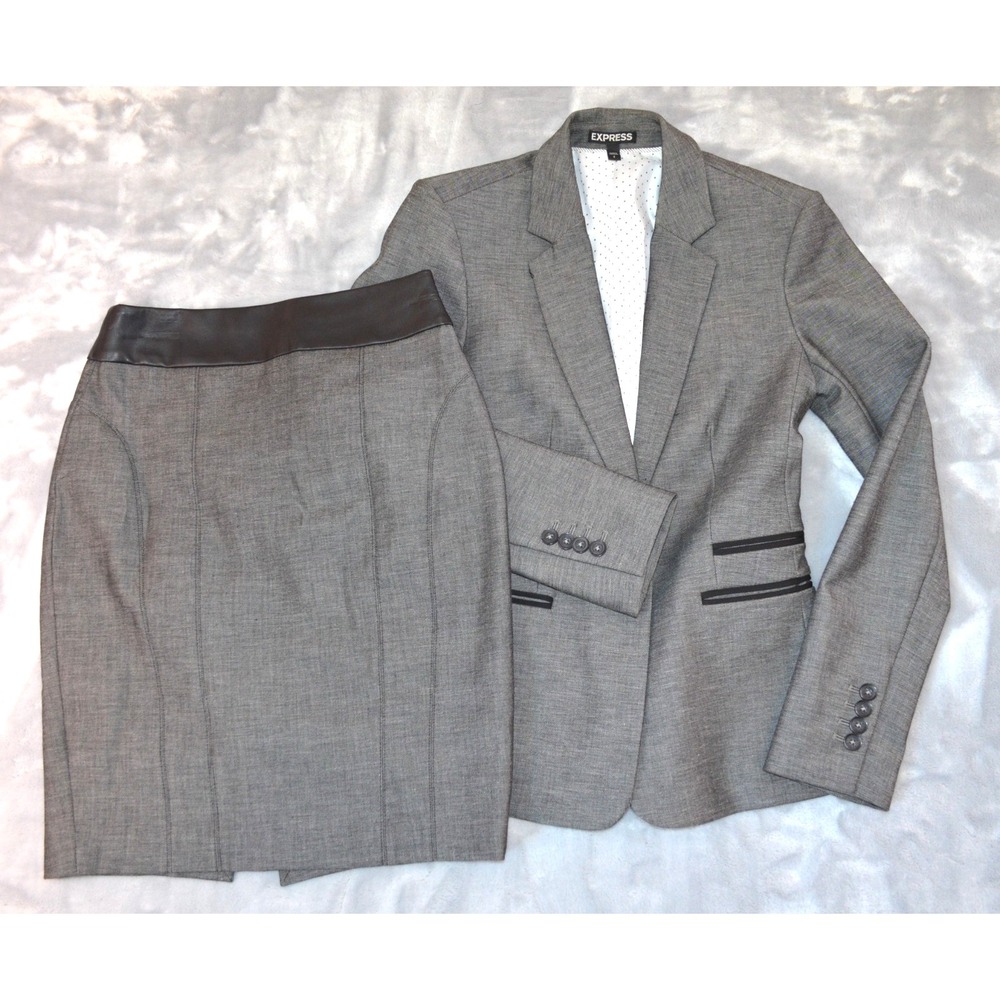 Express Gray 2pcs Skirt & Jacket Set Womens Size 2 Poly Cotton Viscose Spandex - Picture 5 of 16